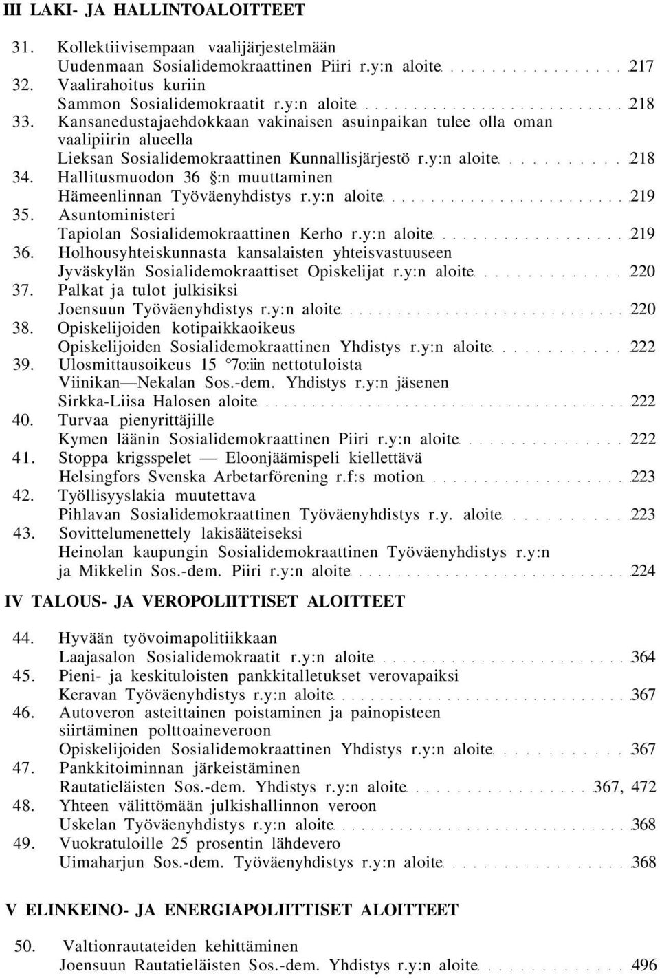 Hallitusmuodon 36 :n muuttaminen Hämeenlinnan Työväenyhdistys r.y:n aloite 219 35. Asuntoministeri Tapiolan Sosialidemokraattinen Kerho r.y:n aloite 219 36.