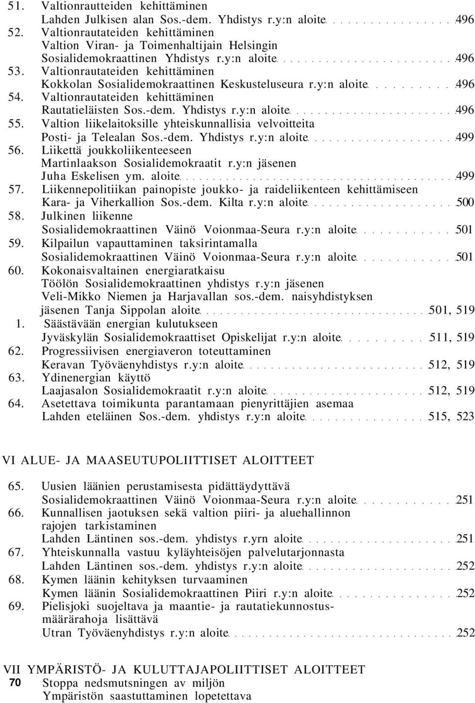 Valtionrautateiden kehittäminen Kokkolan Sosialidemokraattinen Keskusteluseura r.y:n aloite 496 54. Valtionrautateiden kehittäminen Rautatieläisten Sos.-dem. Yhdistys r.y:n aloite 496 55.