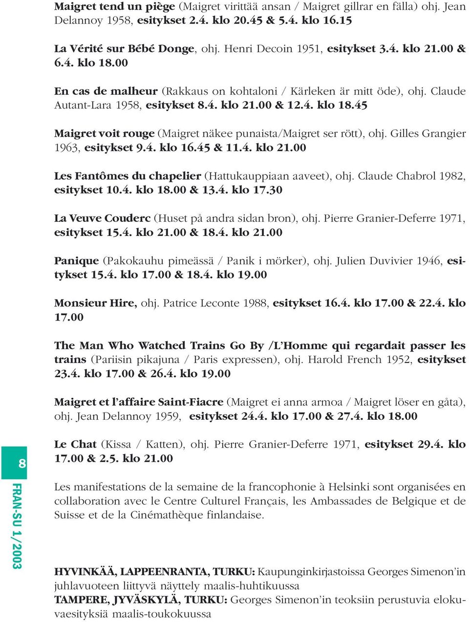 Gilles Grangier 1963, esitykset 9.4. klo 16.45 & 11.4. klo 21.00 Les Fantômes du chapelier (Hattukauppiaan aaveet), ohj. Claude Chabrol 1982, esitykset 10.4. klo 18.00 & 13.4. klo 17.