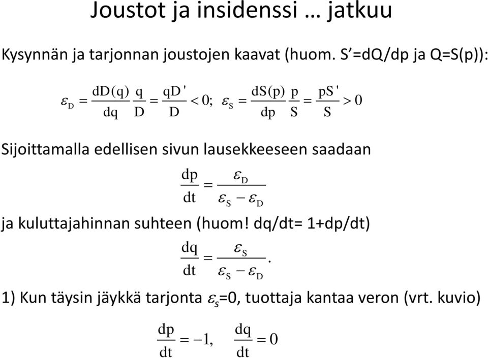 edellisen sivun lausekkeeseen saadaan dp dt e D e e ja kuluttajahinnan suhteen (huom!