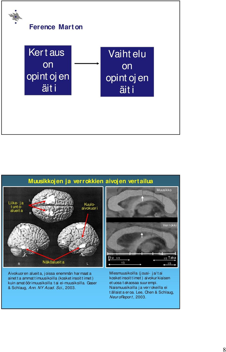 (kosketinsoittimet) kuin amatöörimuusikoilla tai ei-muusikoilla. Gaser & Schlaug, Ann. NY Acad. Sci., 2003.