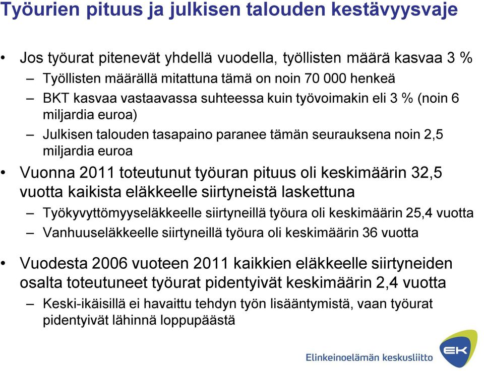 vuotta kaikista eläkkeelle siirtyneistä laskettuna Työkyvyttömyyseläkkeelle siirtyneillä työura oli keskimäärin 25,4 vuotta Vanhuuseläkkeelle siirtyneillä työura oli keskimäärin 36 vuotta Vuodesta