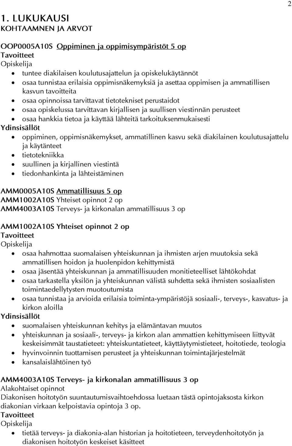 käyttää lähteitä tarkoituksenmukaisesti oppiminen, oppimisnäkemykset, ammatillinen kasvu sekä diakilainen koulutusajattelu ja käytänteet tietotekniikka suullinen ja kirjallinen viestintä