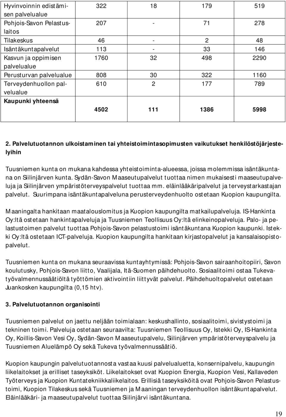 Palvelutuotannon ulkoistaminen tai yhteistoimintasopimusten vaikutukset henkilöstöjärjestelyihin Tuusniemen kunta on mukana kahdessa yhteistoiminta-alueessa, joissa molemmissa isäntäkuntana on