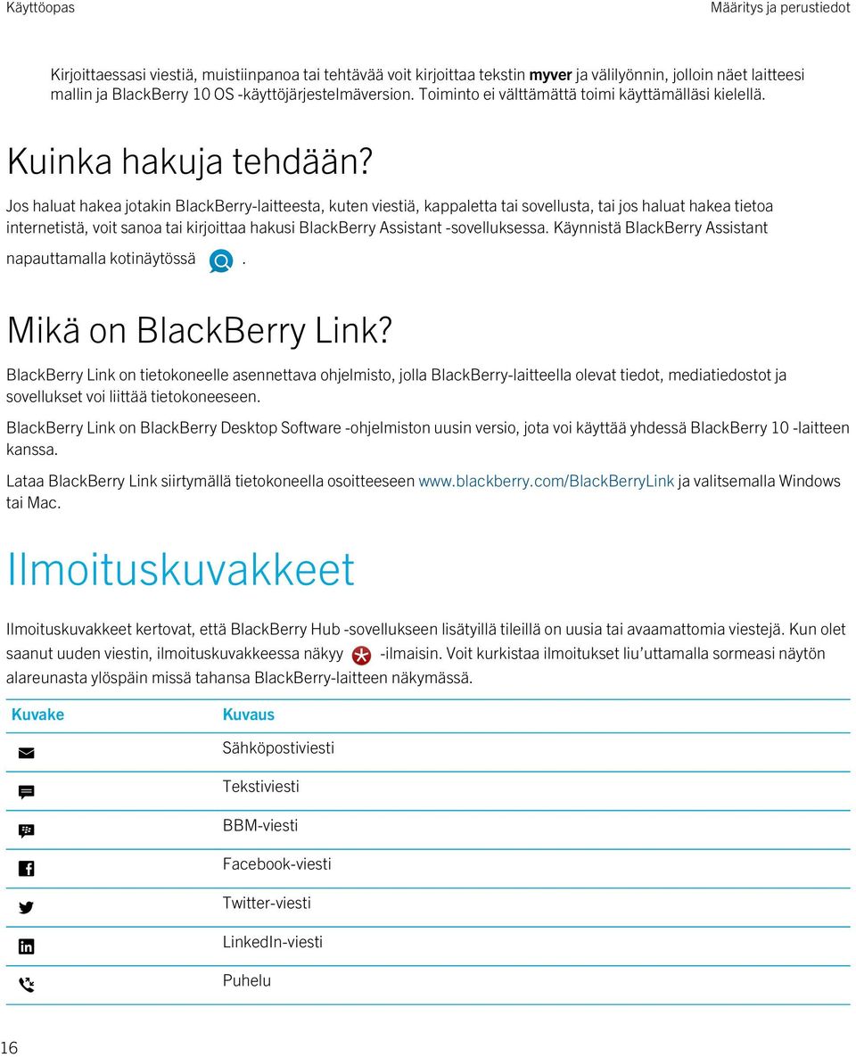 Jos haluat hakea jotakin BlackBerry-laitteesta, kuten viestiä, kappaletta tai sovellusta, tai jos haluat hakea tietoa internetistä, voit sanoa tai kirjoittaa hakusi BlackBerry Assistant