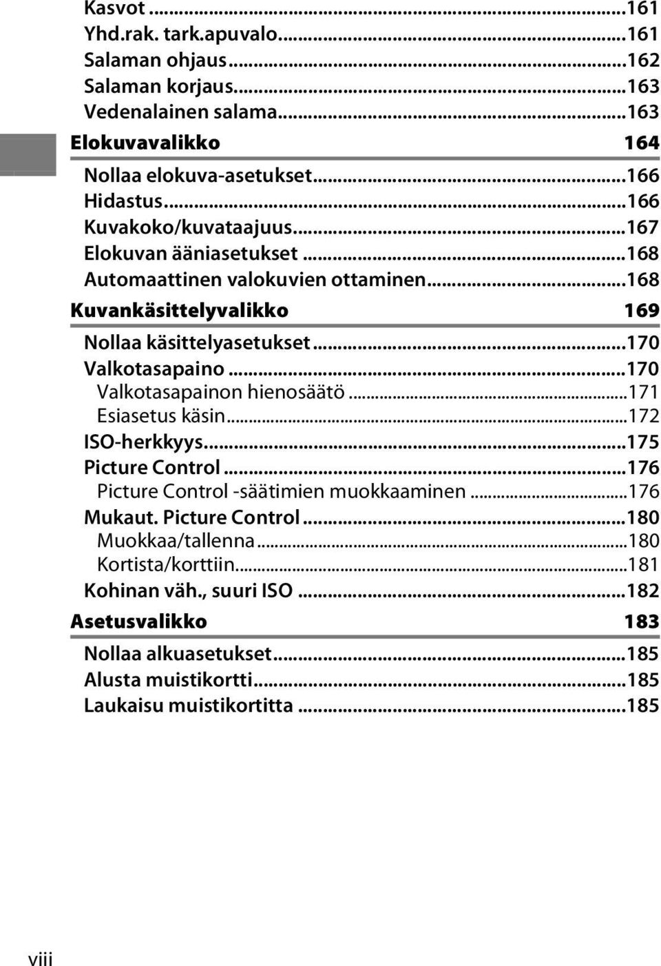 ..170 Valkotasapainon hienosäätö...171 Esiasetus käsin...172 ISO-herkkyys...175 Picture Control...176 Picture Control -säätimien muokkaaminen...176 Mukaut. Picture Control...180 Muokkaa/tallenna.