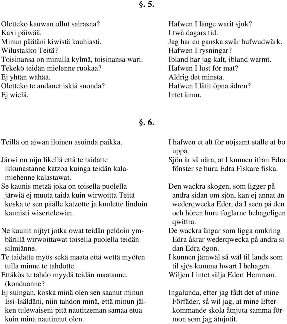 Hafwen I lust för mat? Aldrig det minsta. Hafwen I låtit öpna ådren? Intet ännu.. 6. Teillä on aiwan iloinen asuinda paikka.