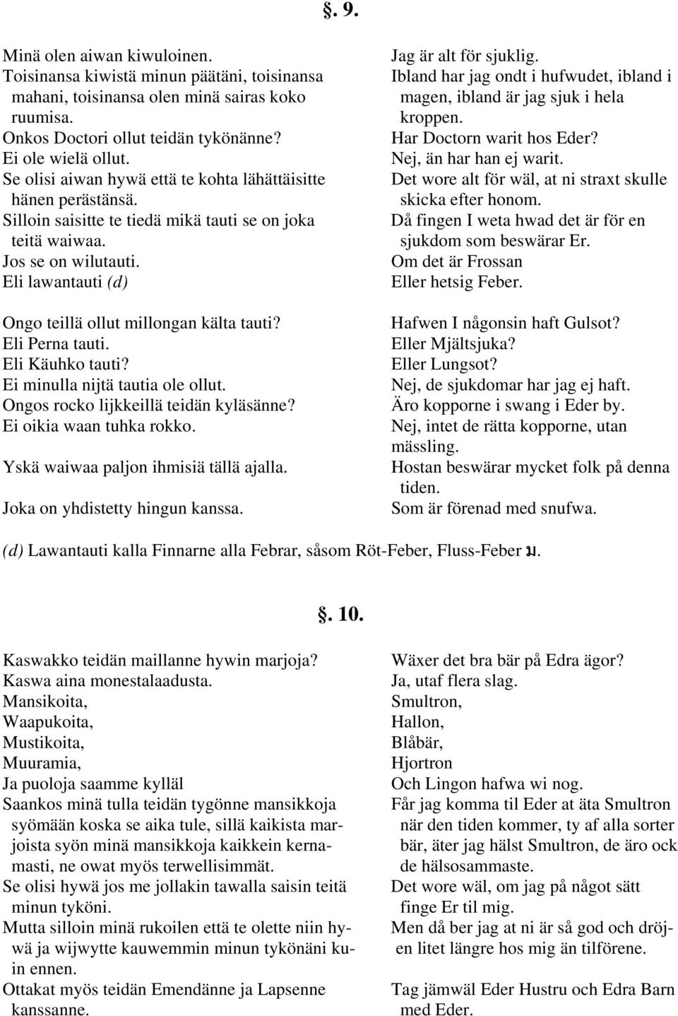 Eli lawantauti (d) Ongo teillä ollut millongan kälta tauti? Eli Perna tauti. Eli Käuhko tauti? Ei minulla nijtä tautia ole ollut. Ongos rocko lijkkeillä teidän kyläsänne? Ei oikia waan tuhka rokko.