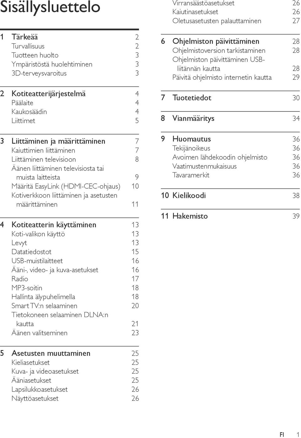 määrittäminen 11 4 Kotiteatterin käyttäminen 13 Koti-valikon käyttö 13 Levyt 13 Datatiedostot 15 USB-muistilaitteet 16 Ääni-, video- ja kuva-asetukset 16 Radio 17 MP3-soitin 18 Hallinta