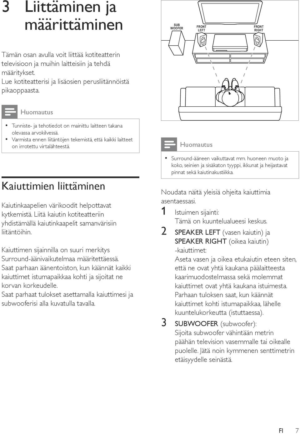 Varmista ennen liitäntöjen tekemistä, että kaikki laitteet on irrotettu virtalähteestä. Kaiuttimien liittäminen Kaiutinkaapelien värikoodit helpottavat kytkemistä.