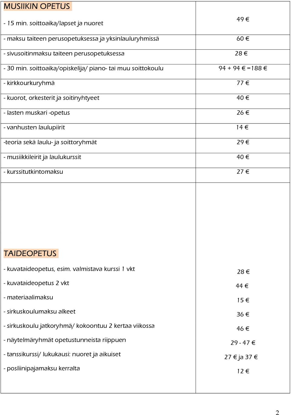 laulu- ja soittoryhmät 29 - musiikkileirit ja laulukurssit 40 - kurssitutkintomaksu 27 TAIDEOPETUS - kuvataideopetus, esim.