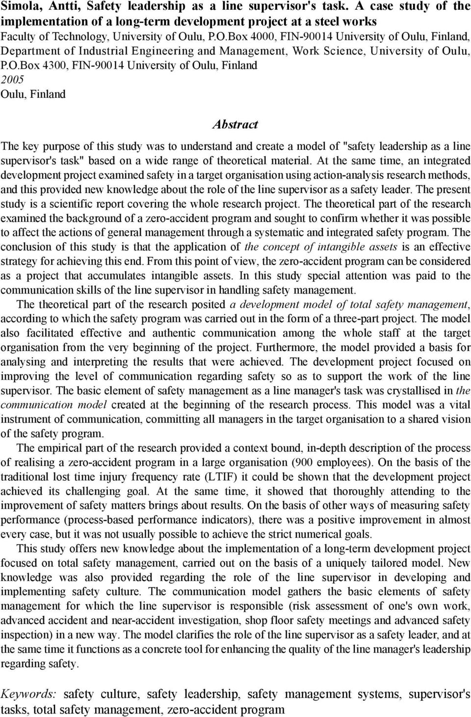 Box 4000, FIN-90014 University of Oulu, Finland, Department of Industrial Engineering and Management, Work Science, University of OuBox 4300, FIN-90014 University of Oulu, Finland 2005 Oulu, Finland