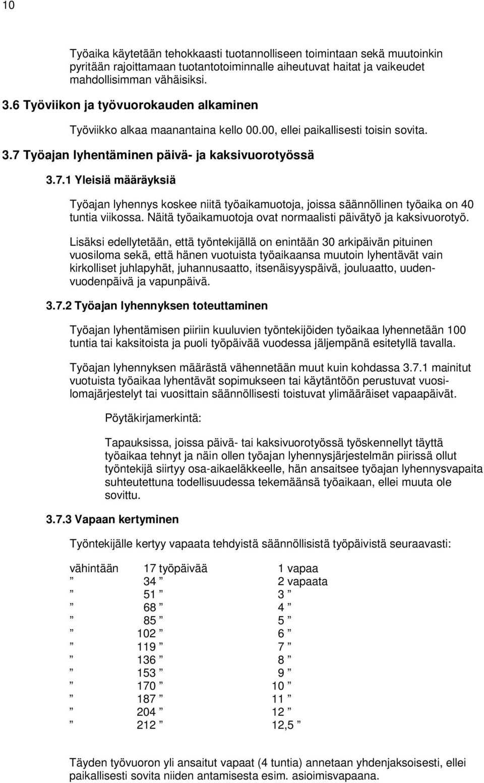 Työajan lyhentäminen päivä- ja kaksivuorotyössä 3.7.1 Yleisiä määräyksiä Työajan lyhennys koskee niitä työaikamuotoja, joissa säännöllinen työaika on 40 tuntia viikossa.