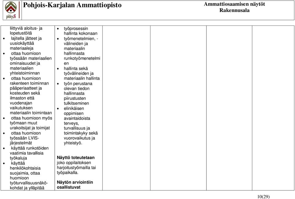 runkotöiden vaatimia tavallisia työkaluja käyttää henkilökohtaisia suojaimia, ottaa huomioon työturvallisuusnäkökohdat ja ylläpitää työprosessin hallinta kokonaan työmenetelmien, - välineiden ja