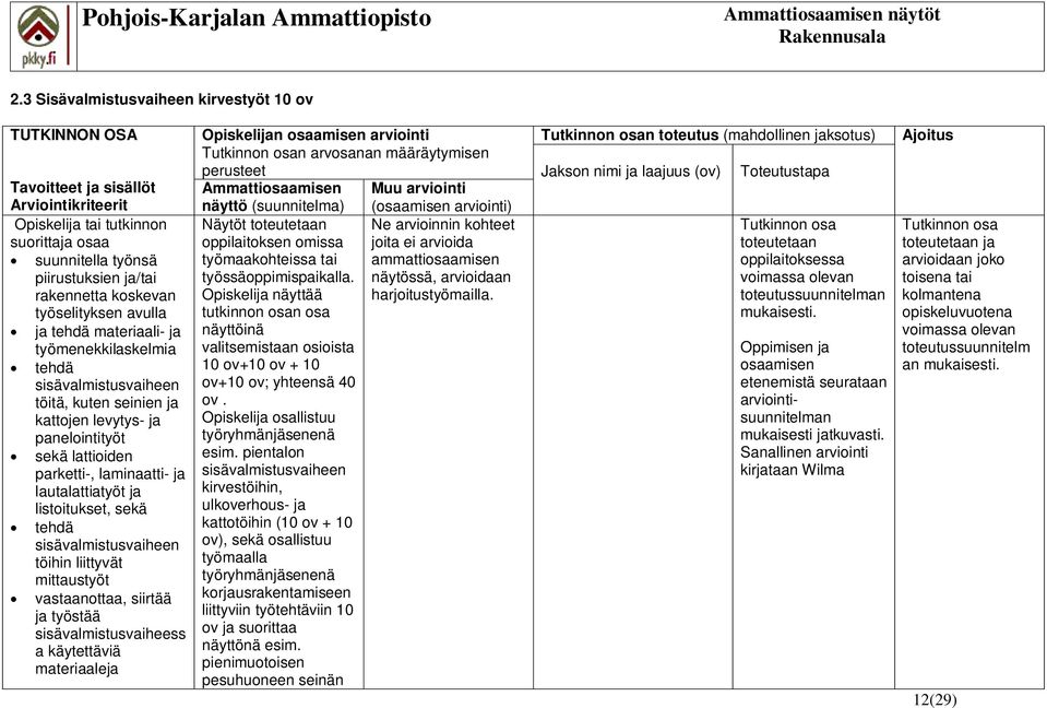 lautalattiatyöt ja listoitukset, sekä tehdä sisävalmistusvaiheen töihin liittyvät mittaustyöt vastaanottaa, siirtää ja työstää sisävalmistusvaiheess a käytettäviä materiaaleja Opiskelijan osaamisen