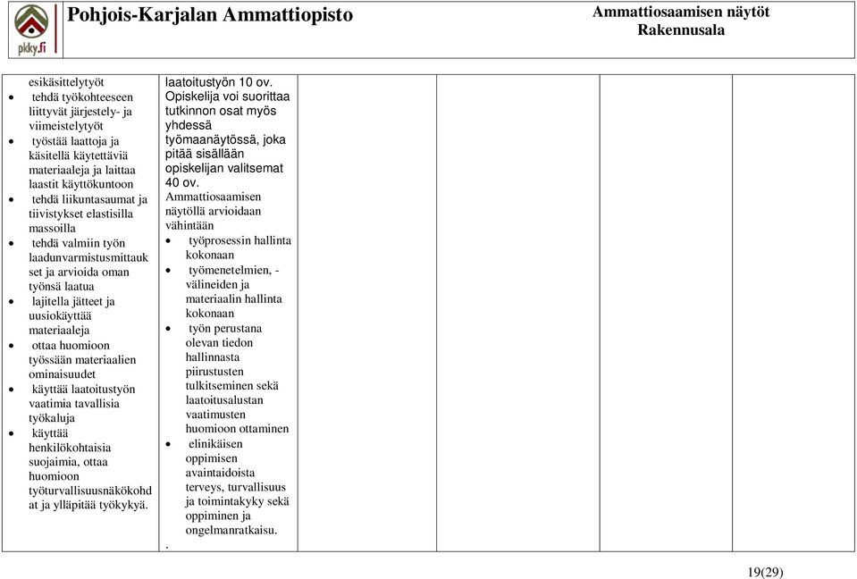 ominaisuudet käyttää laatoitustyön vaatimia tavallisia työkaluja käyttää henkilökohtaisia suojaimia, ottaa huomioon työturvallisuusnäkökohd at ja ylläpitää työkykyä. laatoitustyön 10 ov.