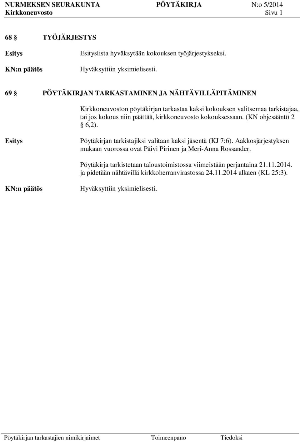 kirkkoneuvosto kokouksessaan. (KN ohjesääntö 2 6,2). Pöytäkirjan tarkistajiksi valitaan kaksi jäsentä (KJ 7:6).