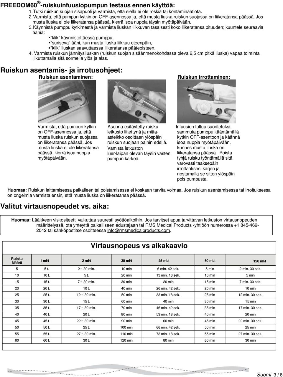 Käynnistä pumppu kytkimestä ja varmista liuskan liikkuvan tasaisesti kk liikeratansa pituuden; kuuntele seuraavia ääniä: klik käynnistettäessä pumppu, suriseva ääni, kun musta liuska liikkuu