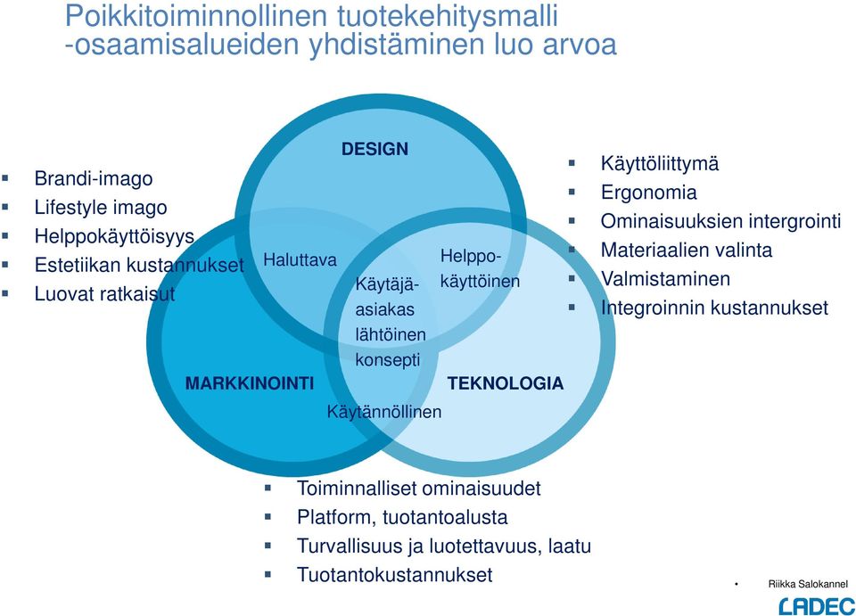 Käyttöliittymä Ergonomia Ominaisuuksien intergrointi Helppo- Materiaalien valinta käyttöinen Valmistaminen Integroinnin