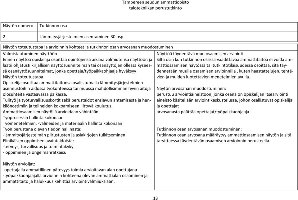 opettaja/työpaikkaohjaaja hyväksyy Näytön toteutustapa osoittaa ammattitaitonsa osallistumalla lämmitysjärjestelmien asennustöihin aidossa työkohteessa tai muussa mahdollisimman hyvin aitoja