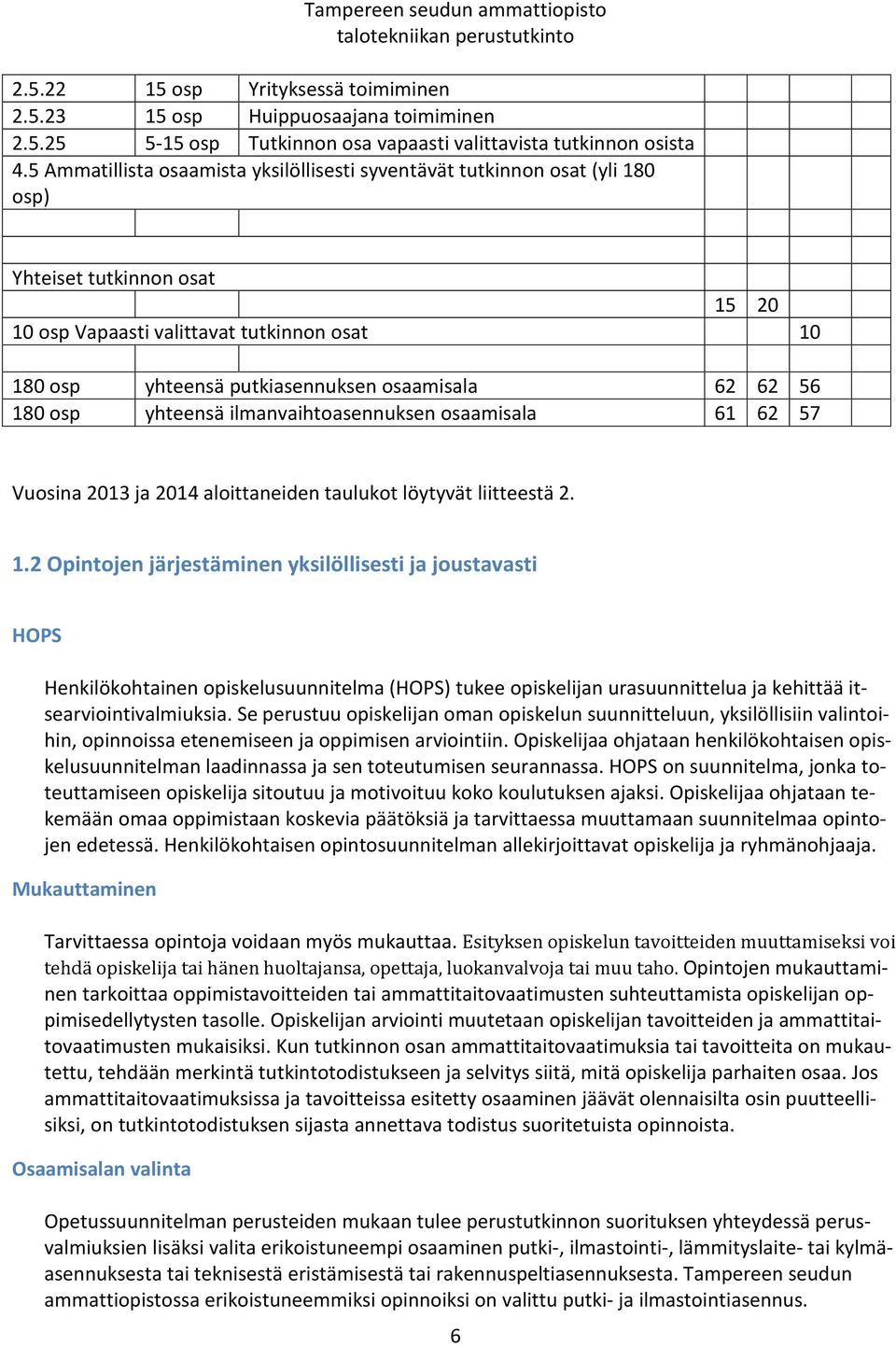 62 62 56 180 osp yhteensä ilmanvaihtoasennuksen osaamisala 61 62 57 Vuosina 2013 ja 2014 aloittaneiden taulukot löytyvät liitteestä 2. 1.2 Opintojen järjestäminen yksilöllisesti ja joustavasti HOPS Henkilökohtainen opiskelusuunnitelma (HOPS) tukee opiskelijan urasuunnittelua ja kehittää itsearviointivalmiuksia.