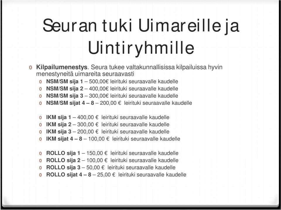 NSM/SM sija 3 300,00 leirituki seuraavalle kaudelle 0 NSM/SM sijat 4 8 200,00 leirituki seuraavalle kaudelle 0 IKM sija 1 400,00 leirituki seuraavalle kaudelle 0 IKM sija 2 300,00 leirituki