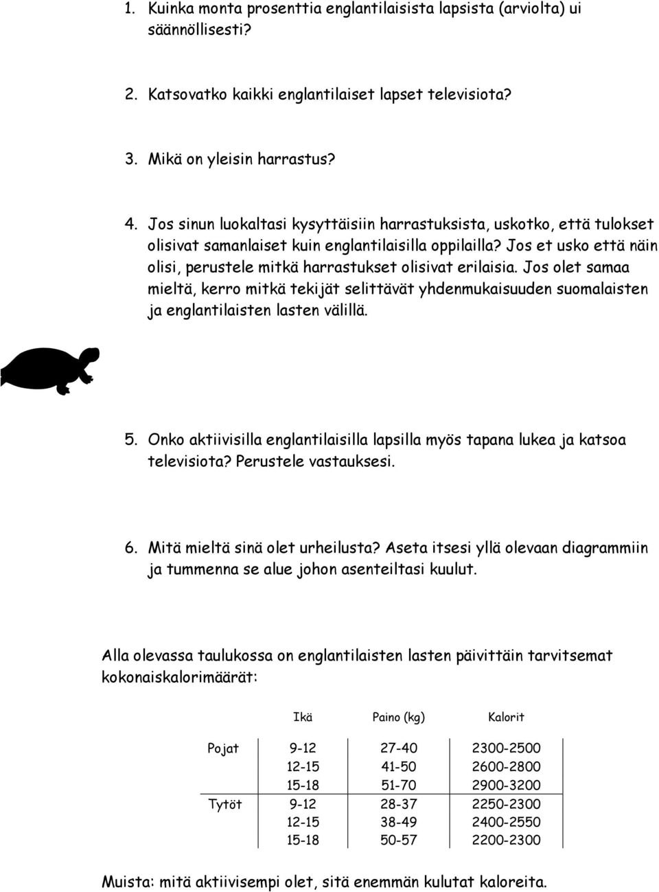 Jos et usko että näin olisi, perustele mitkä harrastukset olisivat erilaisia. Jos olet samaa mieltä, kerro mitkä tekijät selittävät yhdenmukaisuuden suomalaisten ja englantilaisten lasten välillä. 5.