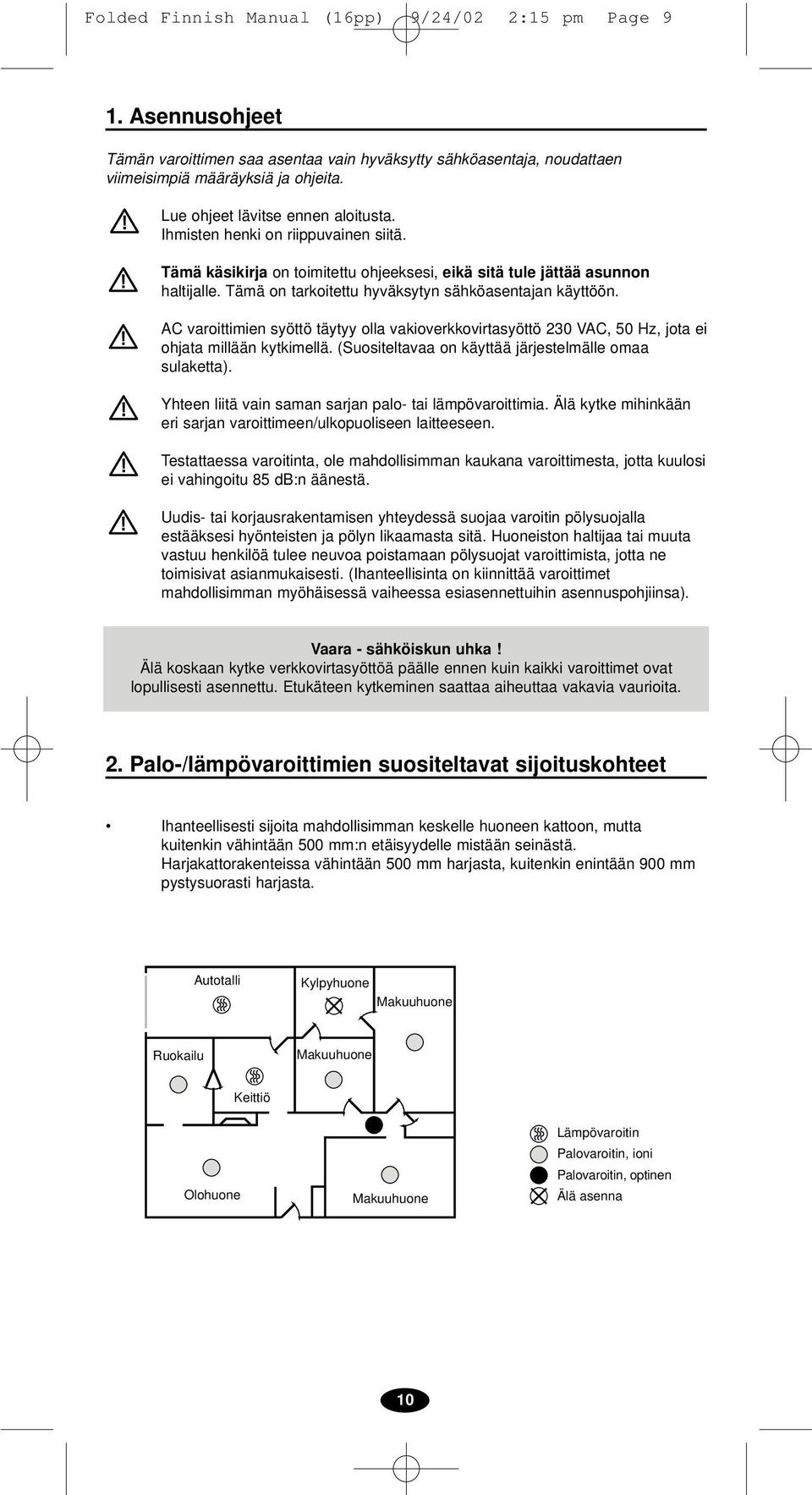 Tämä on tarkoitettu hyväksytyn sähköasentajan käyttöön.! AC varoittimien syöttö täytyy olla vakioverkkovirtasyöttö 230 VAC, 50 Hz, jota ei ohjata millään kytkimellä.