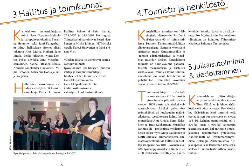 Vilma Timonen, Marianne Uotila ja Tuija Wegelius. Hallituksen kokouksissa asioiden esittelijänä oli toiminnanjohtaja Riitta Huttunen. Rytmikylpy-kurssilaisia Hämeenlinnan kevätpäivillä 2007.