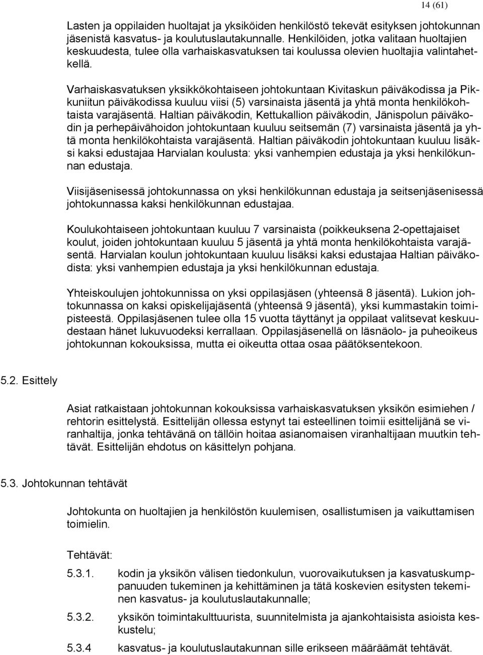 Varhaiskasvatuksen yksikkökohtaiseen johtokuntaan Kivitaskun päiväkodissa ja Pikkuniitun päiväkodissa kuuluu viisi (5) varsinaista jäsentä ja yhtä monta henkilökohtaista varajäsentä.