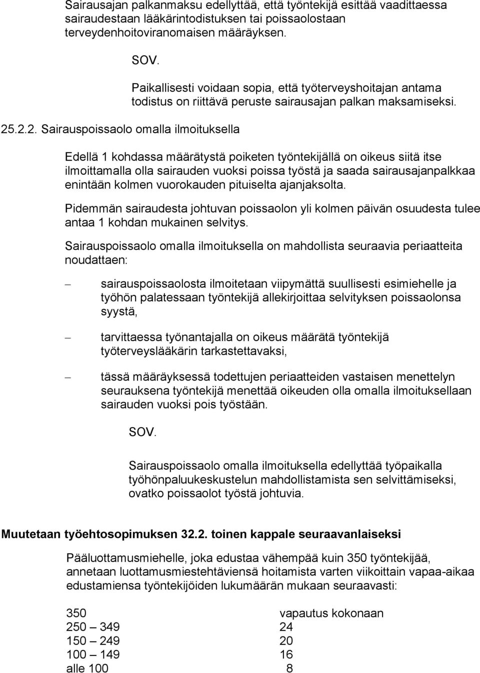 Edellä 1 kohdassa määrätystä poiketen työntekijällä on oikeus siitä itse ilmoittamalla olla sairauden vuoksi poissa työstä ja saada sairausajanpalkkaa enintään kolmen vuorokauden pituiselta