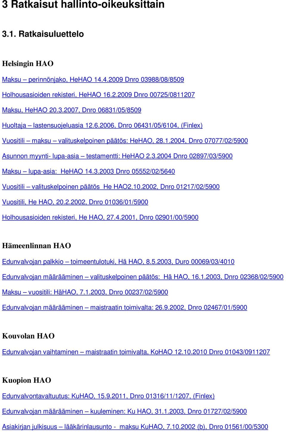 3.2004 Dnro 02897/03/5900 Maksu lupa-asia: HeHAO 14.3.2003 Dnro 05552/02/5640 Vuositili valituskelpoinen päätös He HAO2.10.2002, Dnro 01217/02/5900 Vuositili, He HAO, 20.2.2002, Dnro 01036/01/5900 Holhousasioiden rekisteri, He HAO, 27.