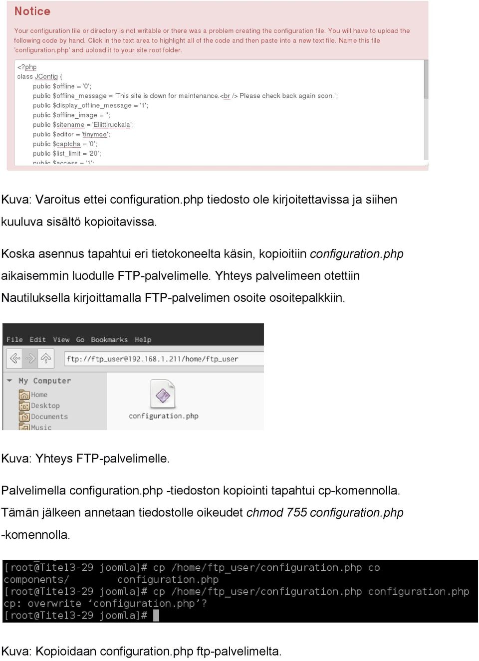 Yhteys palvelimeen otettiin Nautiluksella kirjoittamalla FTP palvelimen osoite osoitepalkkiin. Kuva: Yhteys FTP palvelimelle.