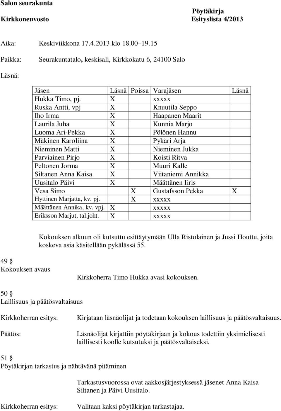 X xxxxx Ruska Antti, vpj X Knuutila Seppo Iho Irma X Haapanen Maarit Laurila Juha X Kunnia Marjo Luoma Ari-Pekka X Pölönen Hannu Mäkinen Karoliina X Pykäri Arja Nieminen Matti X Nieminen Jukka