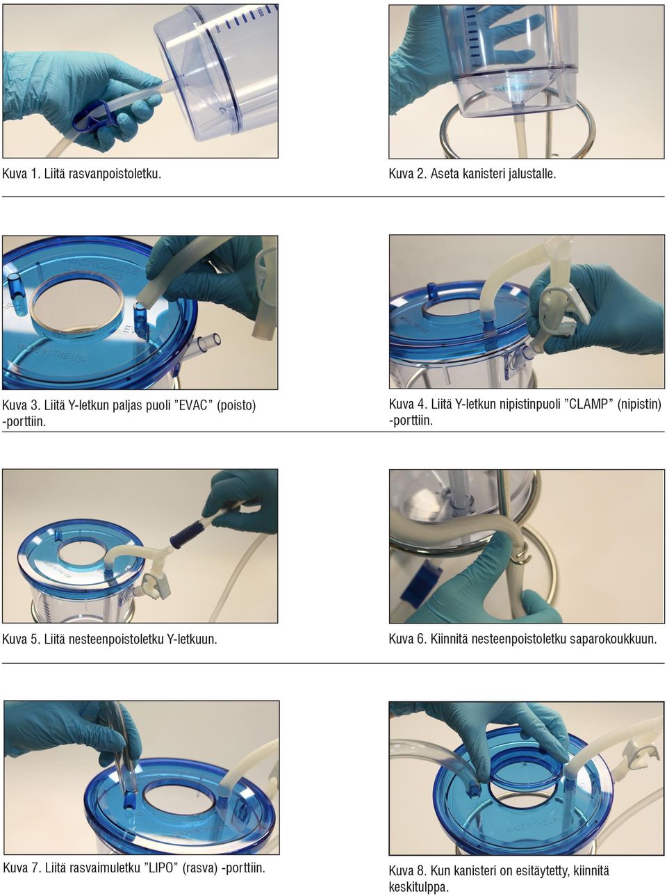 Liitä Y-letkun nipistinpuoli CLAMP (nipistin) -porttiin. Kuva 5. Liitä nesteenpoistoletku Y-letkuun.