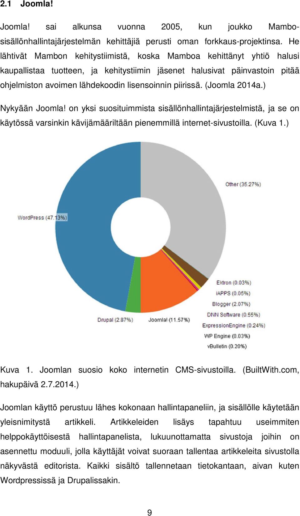 piirissä. (Joomla 2014a.) Nykyään Joomla! on yksi suosituimmista sisällönhallintajärjestelmistä, ja se on käytössä varsinkin kävijämääriltään pienemmillä internet-sivustoilla. (Kuva 1.) Kuva 1.