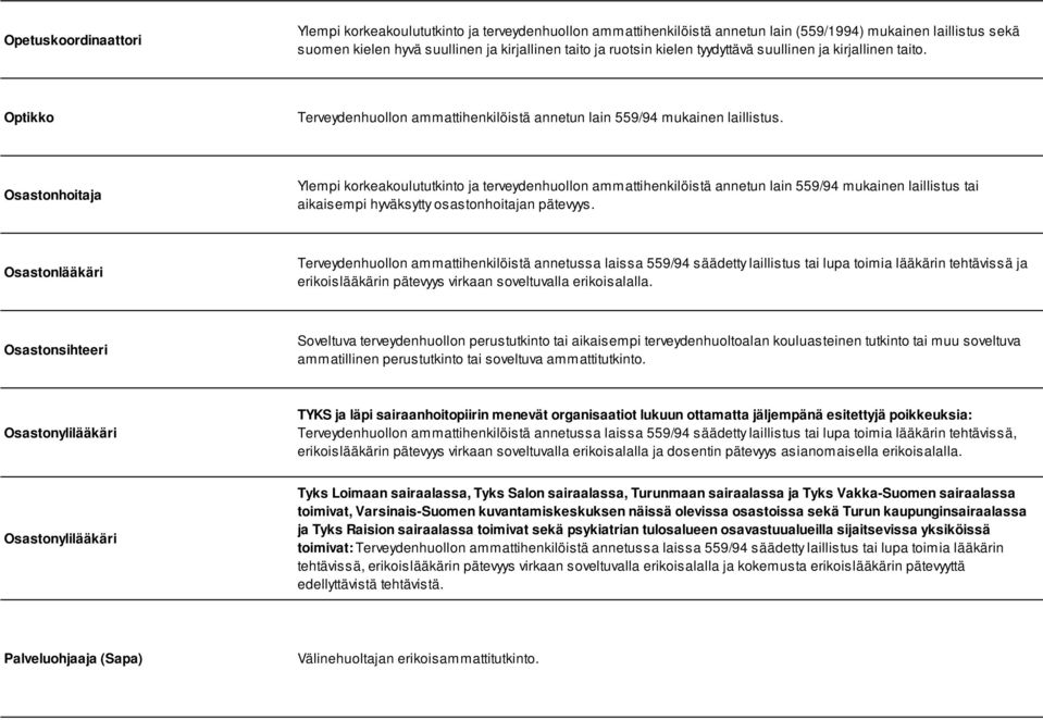 Osastonhoitaja Ylempi korkeakoulututkinto ja terveydenhuollon ammattihenkilöistä annetun lain 559/94 mukainen laillistus tai aikaisempi hyväksytty osastonhoitajan pätevyys.