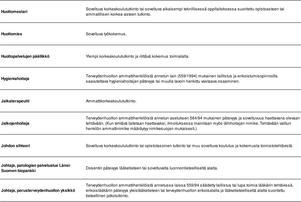 Hygieniahoitaja Terveydenhuollon ammattihenkilöistä annetun lain (559/1994) mukainen laillistus ja erikoistumisopinnoilla saavutettava hygieniahoitajan pätevyys tai muulla tavoin hankittu vastaava