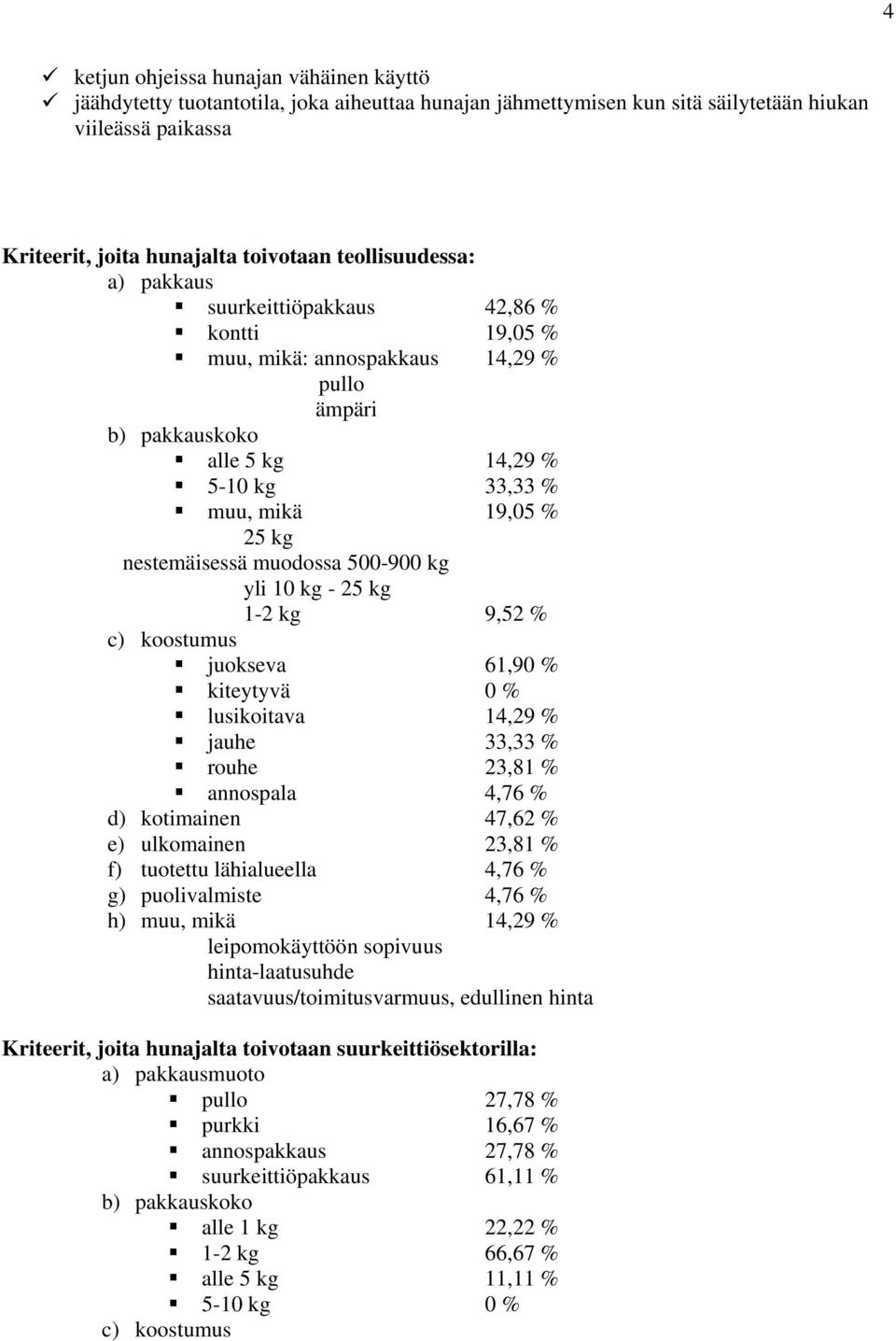 nestemäisessä muodossa 500-900 kg yli 10 kg - 25 kg 1-2 kg 9,52 % c) koostumus juokseva 61,90 % kiteytyvä 0 % lusikoitava 14,29 % jauhe 33,33 % rouhe 23,81 % annospala 4,76 % d) kotimainen 47,62 % e)