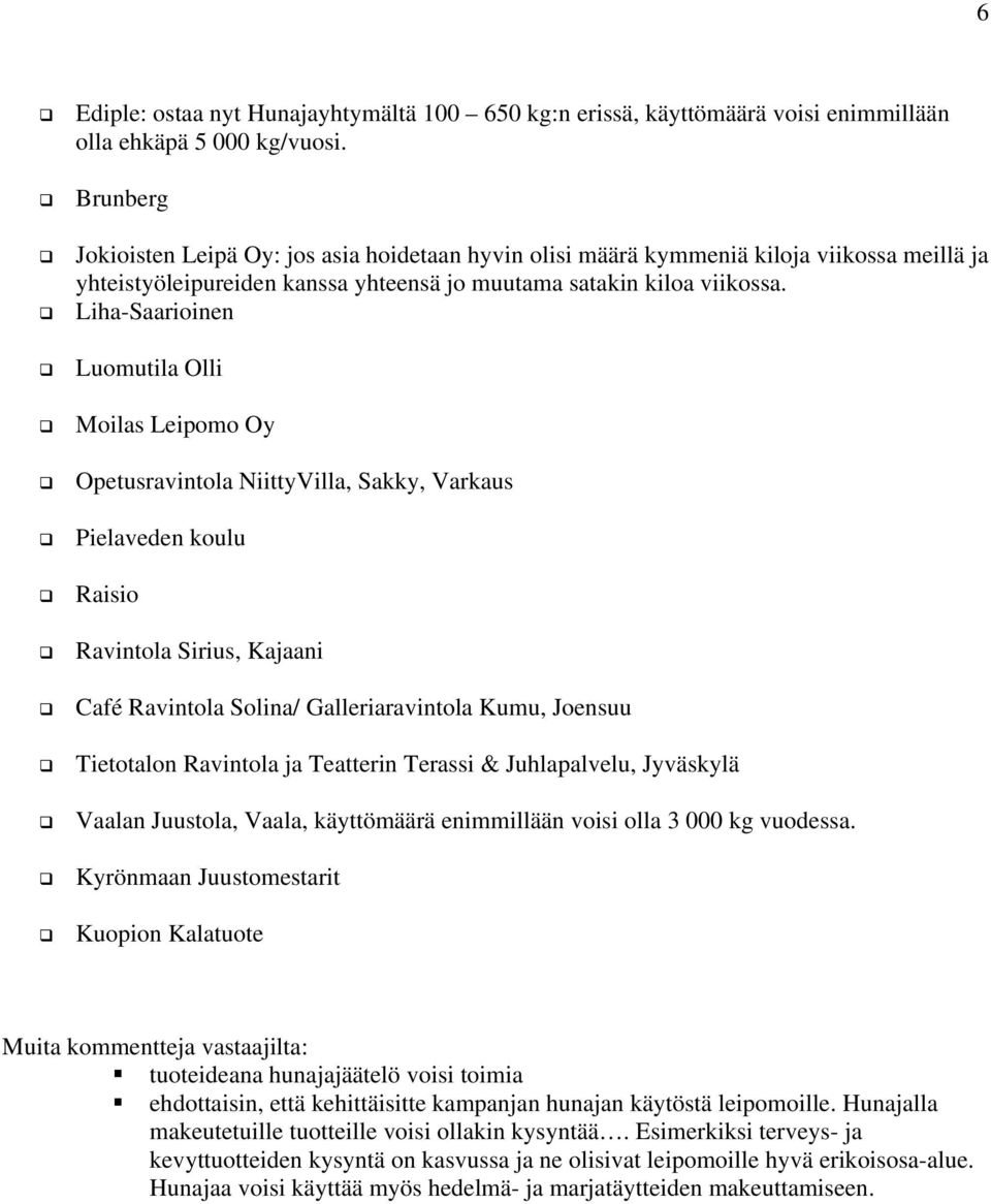 Liha-Saarioinen Luomutila Olli Moilas Leipomo Oy Opetusravintola NiittyVilla, Sakky, Varkaus Pielaveden koulu Raisio Ravintola Sirius, Kajaani Café Ravintola Solina/ Galleriaravintola Kumu, Joensuu