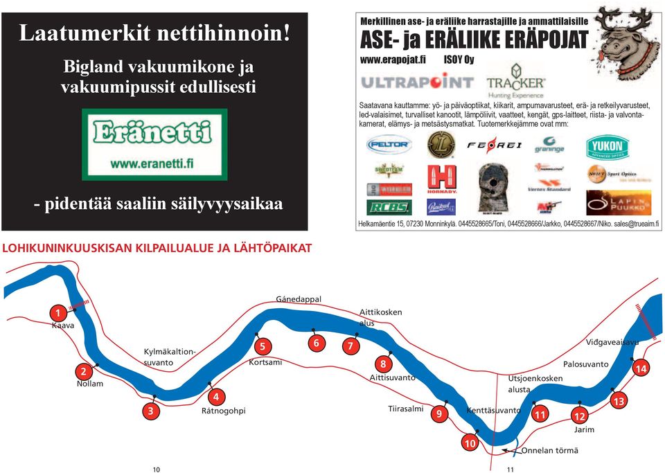 ja valvontakamerat, elämys- ja metsästysmatkat. Tuotemerkkejämme ovat mm: - pidentää saaliin säilyvyysaikaa Helkamäentie 15, 07230 Monninkylä. 0445528665/Toni, 0445528666/Jarkko, 0445528667/Niko.