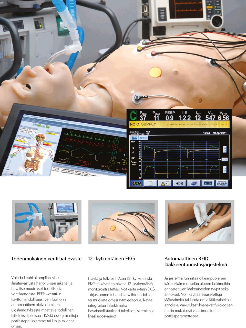 Käytä esiohjelmoituja potilastapauksiamme tai luo ja tallenna omasi. Näytä ja tulkitse HAL:in 12 -kytkentäistä EKG:tä käyttäen oikeaa 12 -kytkentäistä monitorointilaitettasi.
