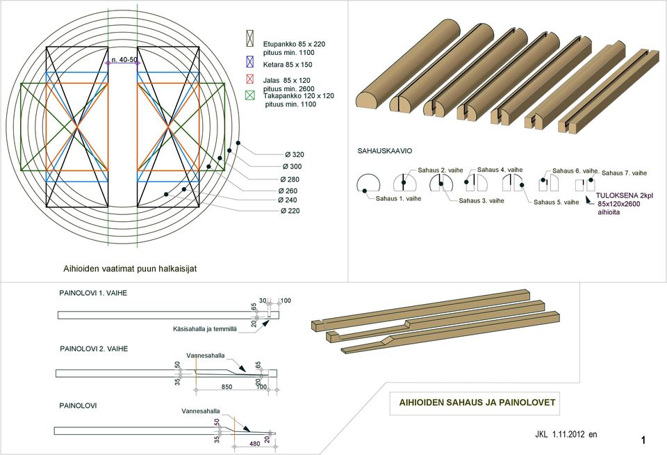 vaihe Sahaus 5. vaihe TULOKSENA 2kpl 85x120x2600 aihioita Aihioiden vaatimat puun halkaisijat PAINOLOVI 1.