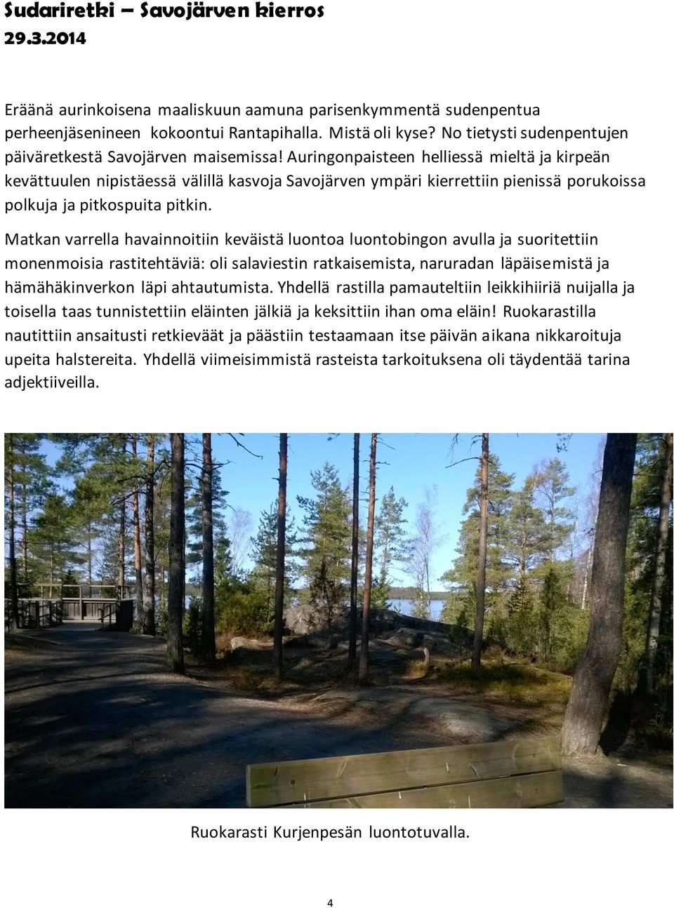 Auringonpaisteen helliessä mieltä ja kirpeän kevättuulen nipistäessä välillä kasvoja Savojärven ympäri kierrettiin pienissä porukoissa polkuja ja pitkospuita pitkin.