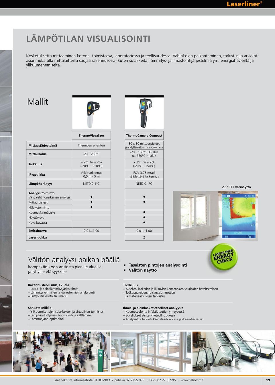 Mallit ThermoVisualizer ThermoCamera Compact Mittausjärjestelmä Mittausalue Thermoarray-anturi -20 250 C 80 x 80 mittauspisteet jäähdyttämätön mikrobolometri -20 150 C LO-alue 0.