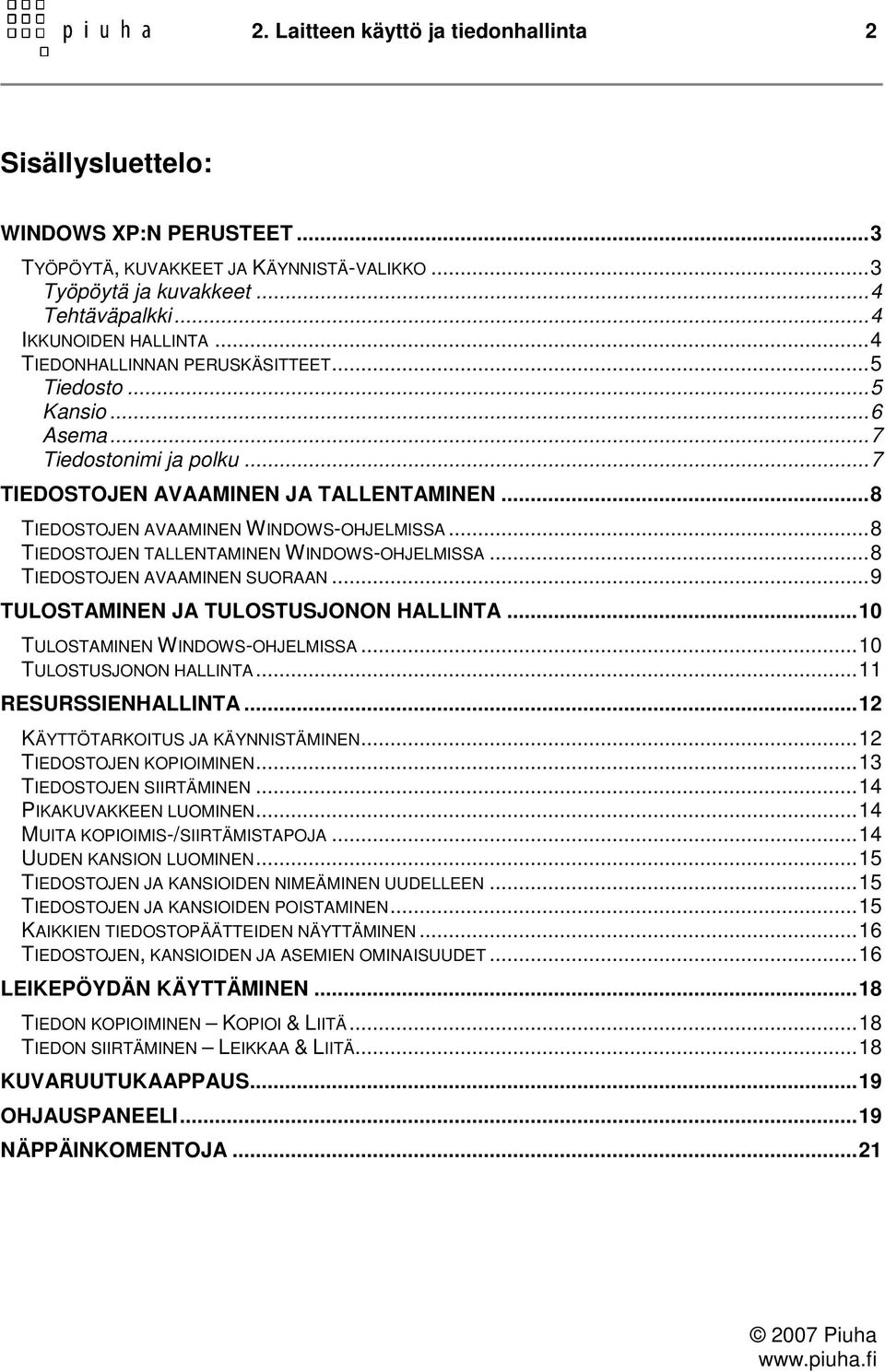 ..8 TIEDOSTOJEN TALLENTAMINEN WINDOWS-OHJELMISSA...8 TIEDOSTOJEN AVAAMINEN SUORAAN...9 TULOSTAMINEN JA TULOSTUSJONON HALLINTA...10 TULOSTAMINEN WINDOWS-OHJELMISSA...10 TULOSTUSJONON HALLINTA.