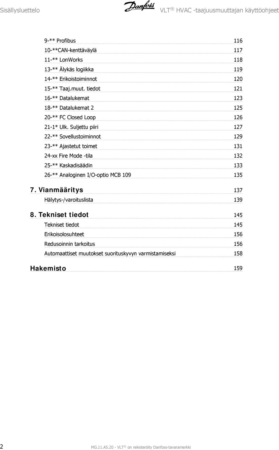 Suljettu piiri 127 22-** Sovellustoiminnot 129 23-** Ajastetut toimet 131 24-xx Fire Mode -tila 132 25-** Kaskadisäädin 133 26-** Analoginen I/O-optio MCB 109 135 7.