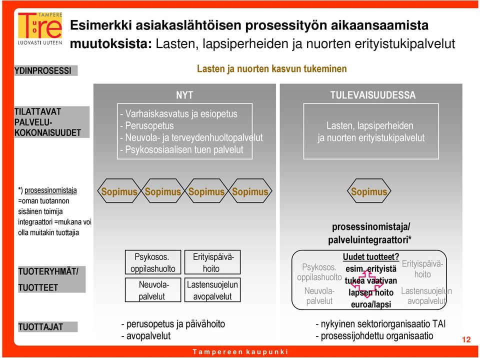 erityistukipalvelut *) prosessinomistaja =oman tuotannon sisäinen toimija integraattori =mukana voi olla muitakin tuottajia Sopimus Sopimus Sopimus Sopimus Sopimus prosessinomistaja/