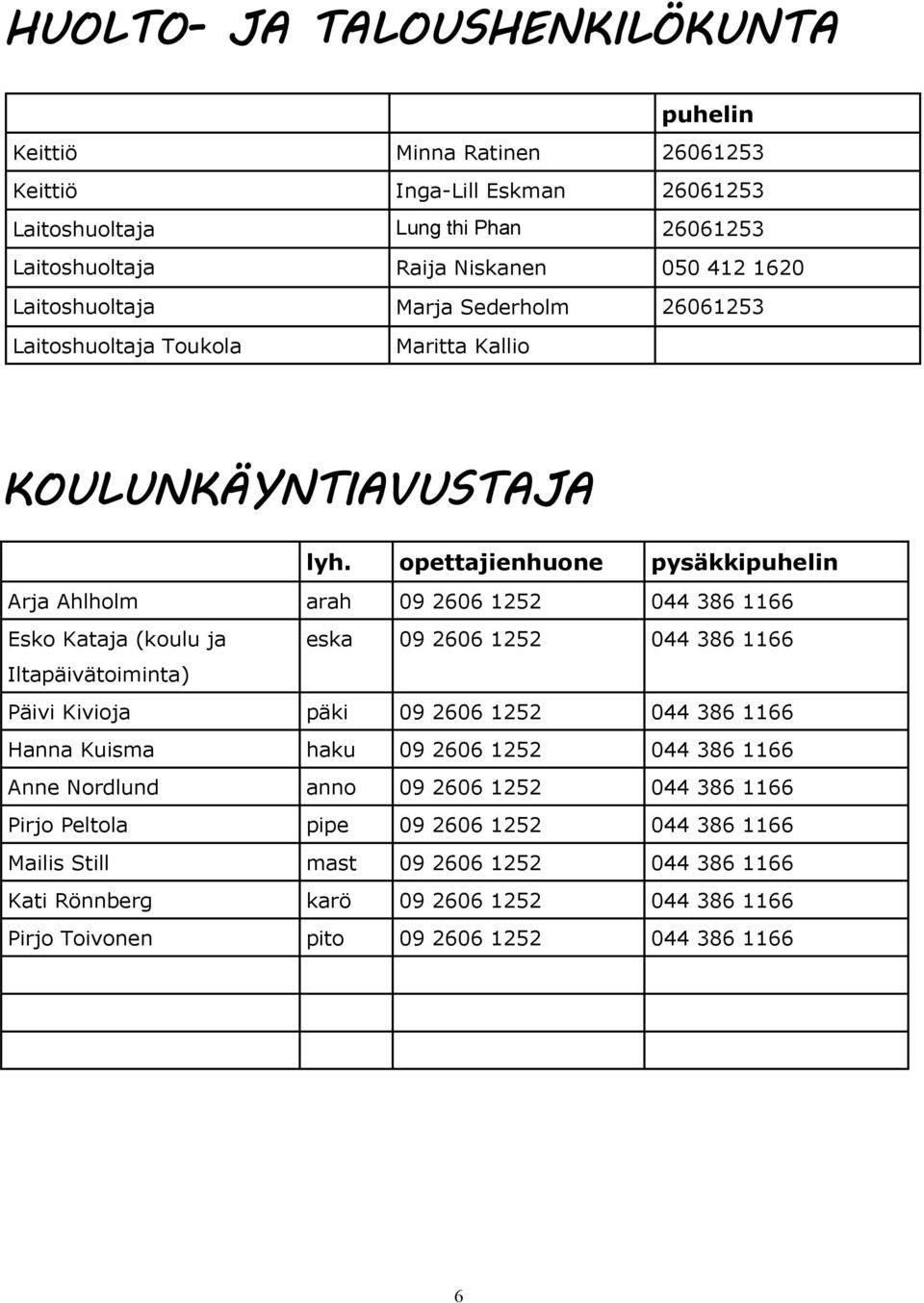 opettajienhuone pysäkkipuhelin Arja Ahlholm arah 09 2606 1252 044 386 1166 Esko Kataja (koulu ja eska 09 2606 1252 044 386 1166 Iltapäivätoiminta) Päivi Kivioja päki 09 2606 1252 044 386