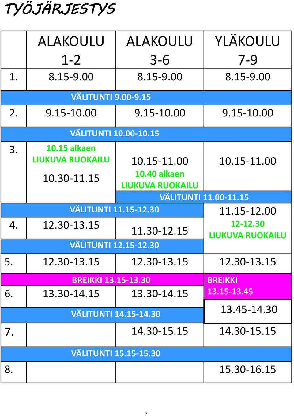 15 VÄLITUNTI 11.15-12.30 11.15-12.00 11.30-12.15 VÄLITUNTI 12.15-12.30 12-12.30 LIUKUVA RUOKAILU 5. 12.30-13.15 12.30-13.15 12.30-13.15 BREIKKI 13.15-13.